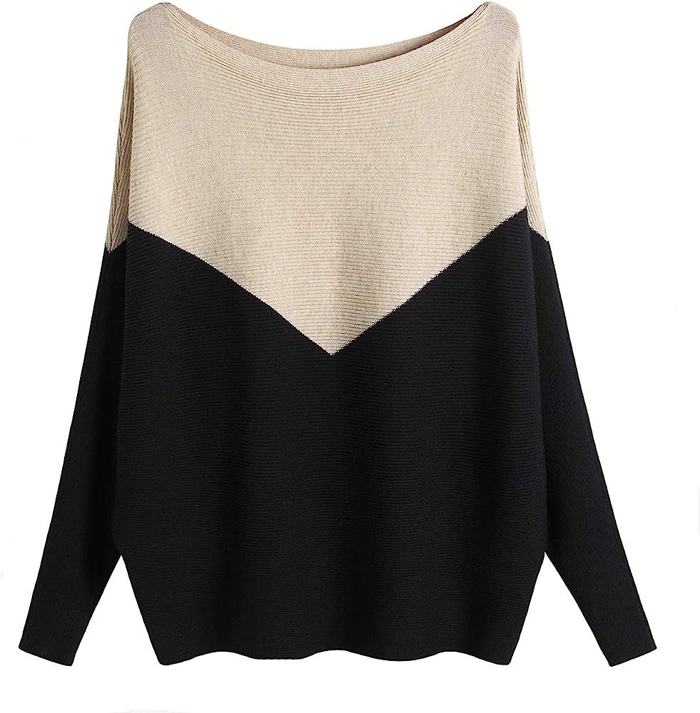 Boat Neck Batwing Sleeves Dolman Knitted Sweaters and Pullovers Tops for Women | Amazon (US)