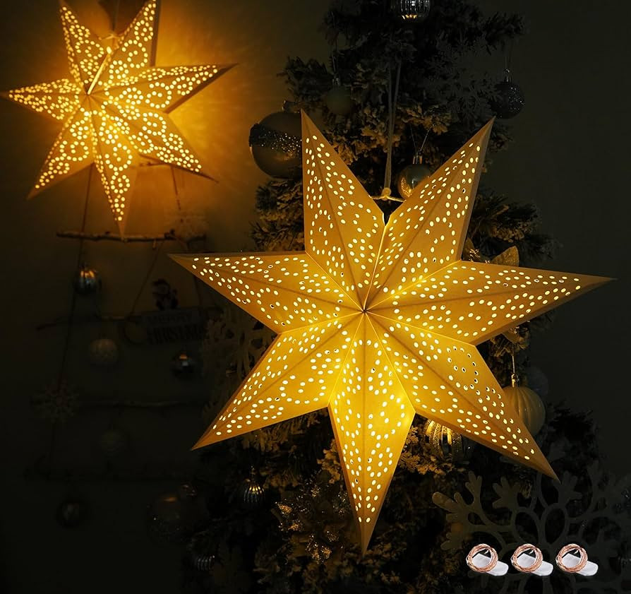 HOUÍSM 3Pack Star Shape Paper Lantern Hanging Hollow-out Star Lampshade White 7-pointed Star Lig... | Amazon (US)