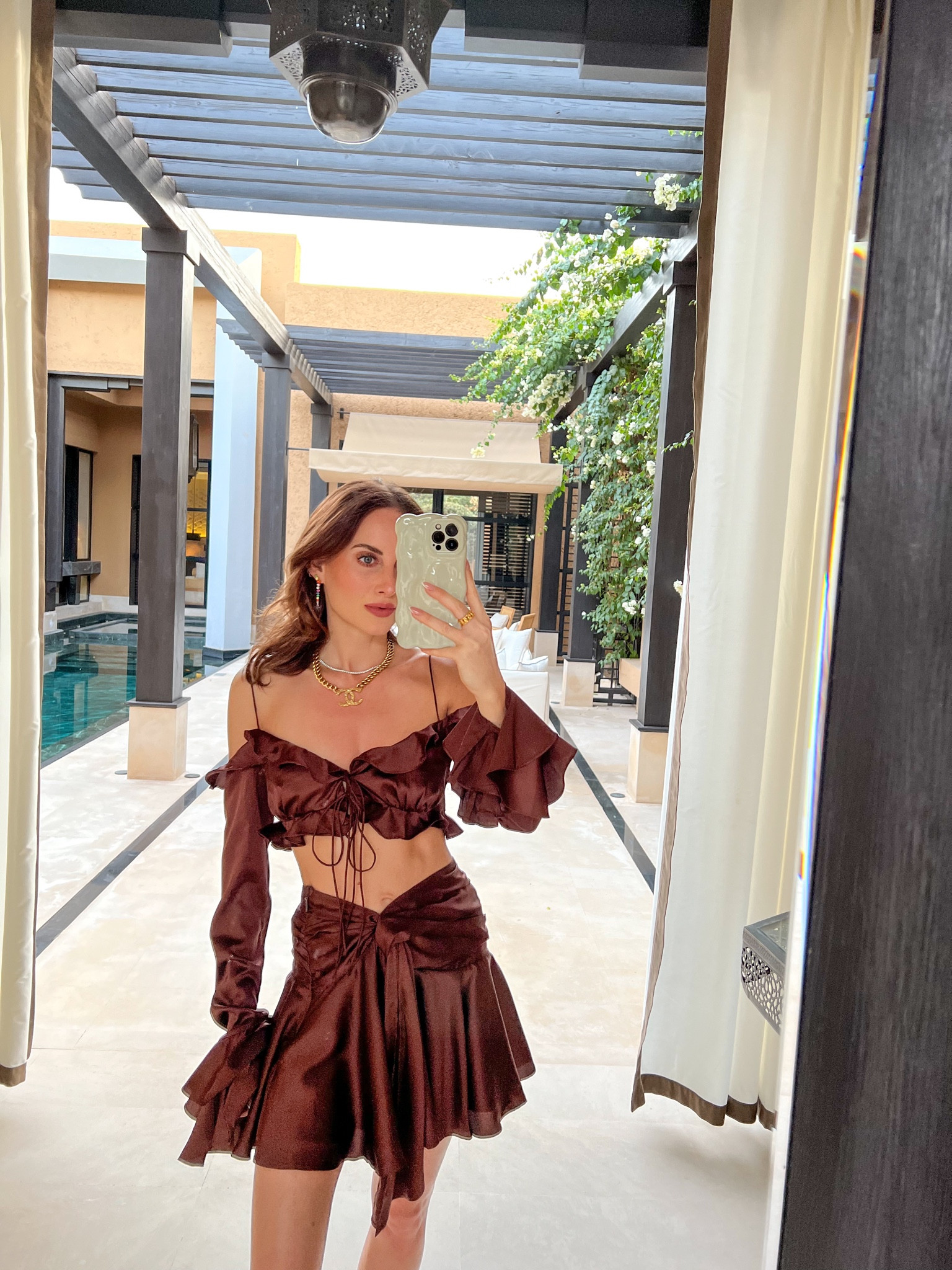 Silk bardot top, mini silk skater skirt, chain necklacep

#LTKswim #LTKtravel #LTKSeasonal