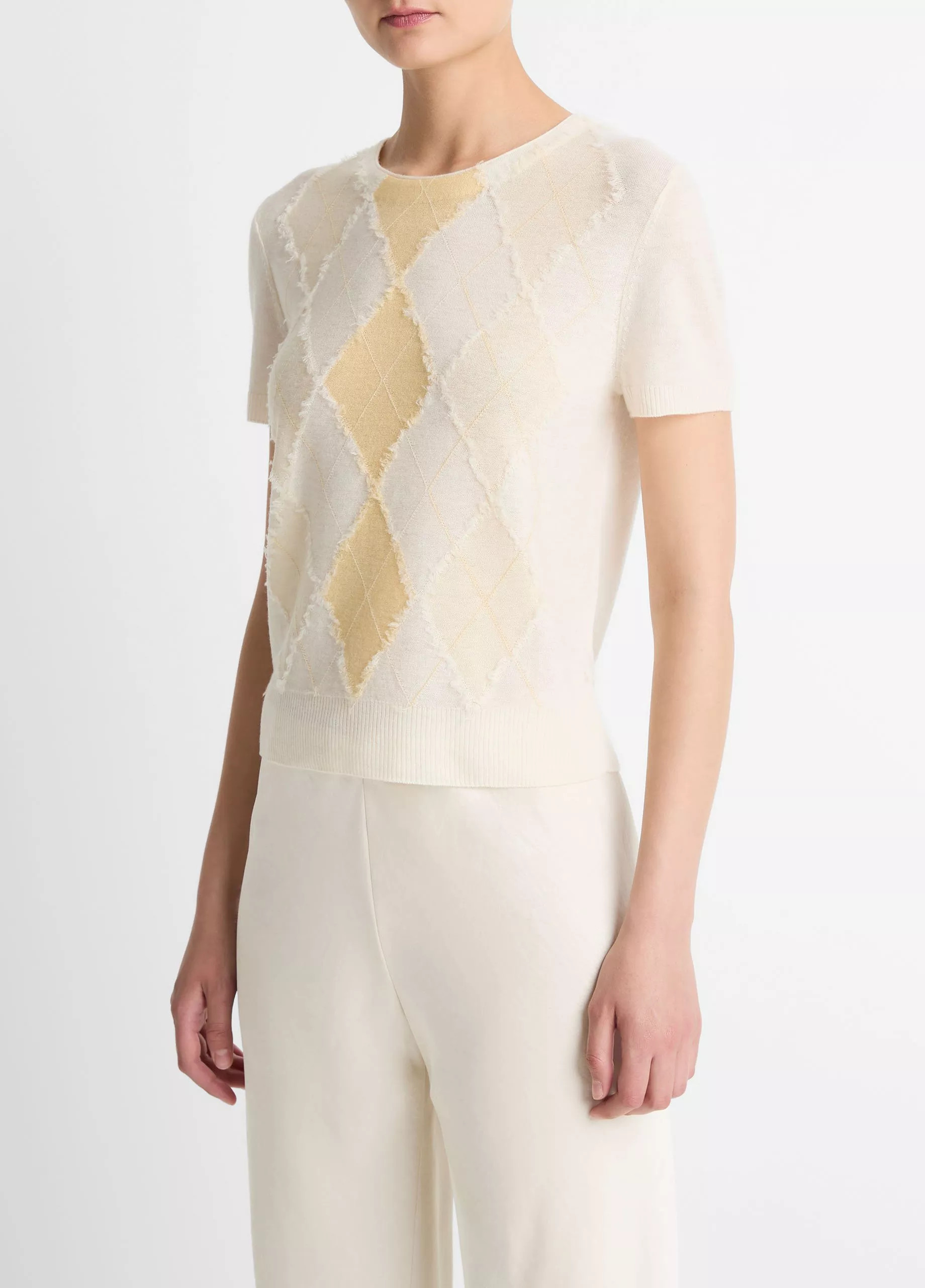 Hand-Cut Argyle Wool-Blend Short-Sleeve Sweater | Vince LLC