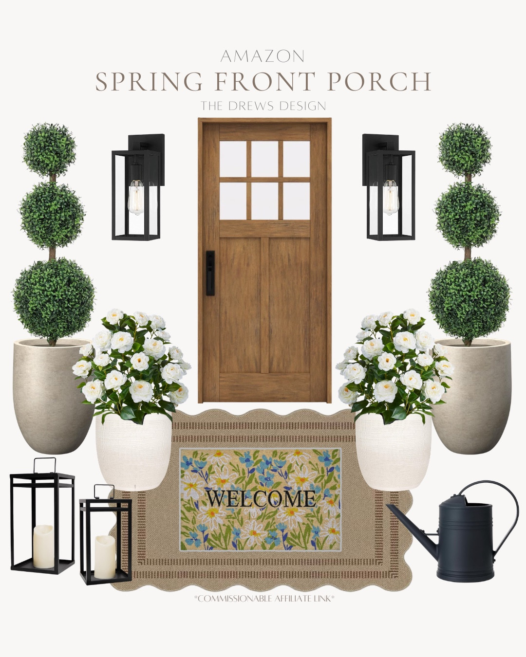 Front porch decor includes lanterns, outdoor rug, doormat, watering can, faux outdoor florals, planters, outdoor lighting.

Home decor, spring decor, outdoor home, looks for lesss

#LTKvlog #LTKSeasonal #LTKHome
