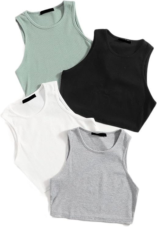 SheIn Women's 4packs Round Neck Crop Tank Top Sleeveless Rib Knit Tops | Amazon (US)