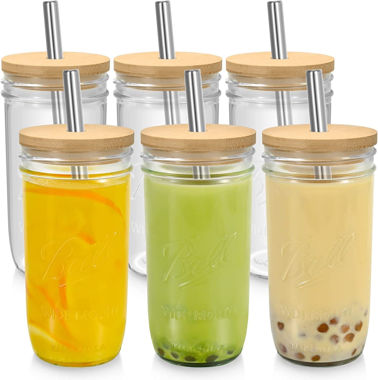 Mason Jar Cups with Lids and Straws - 6Pack 24oz Reusable Wide Mouth Smoothie Cups, Iced Coffee C... | Amazon (US)