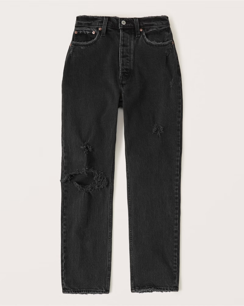 Abercrombie & Fitch Women's Curve Love High Rise Dad Jean in Black Destroy - Size 23L | Abercrombie & Fitch (US)