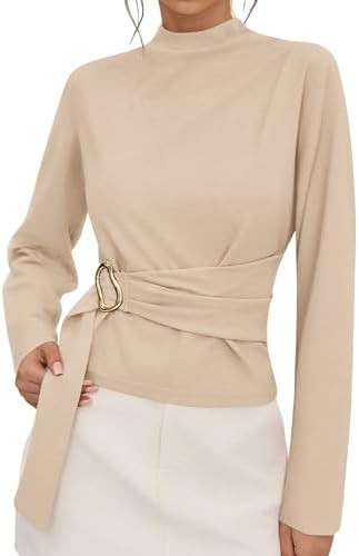 PRETTYGARDEN Women Blouses 2026 Fall Dressy Mock Neck Long Sleeve Work Shirts Buckle Belted Tunic... | Amazon (US)