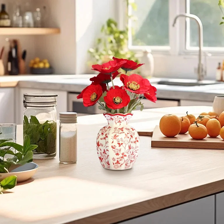 Faux Poppies in Red and White Floral Vase, 11.5", by My Texas House | Walmart (US)