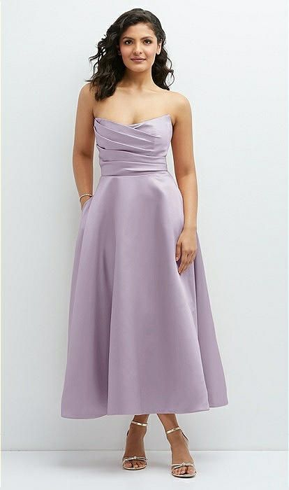 Draped Bodice Strapless Satin Midi Dress with Full Circle Skirt in Lilac Haze | The Dessy Group