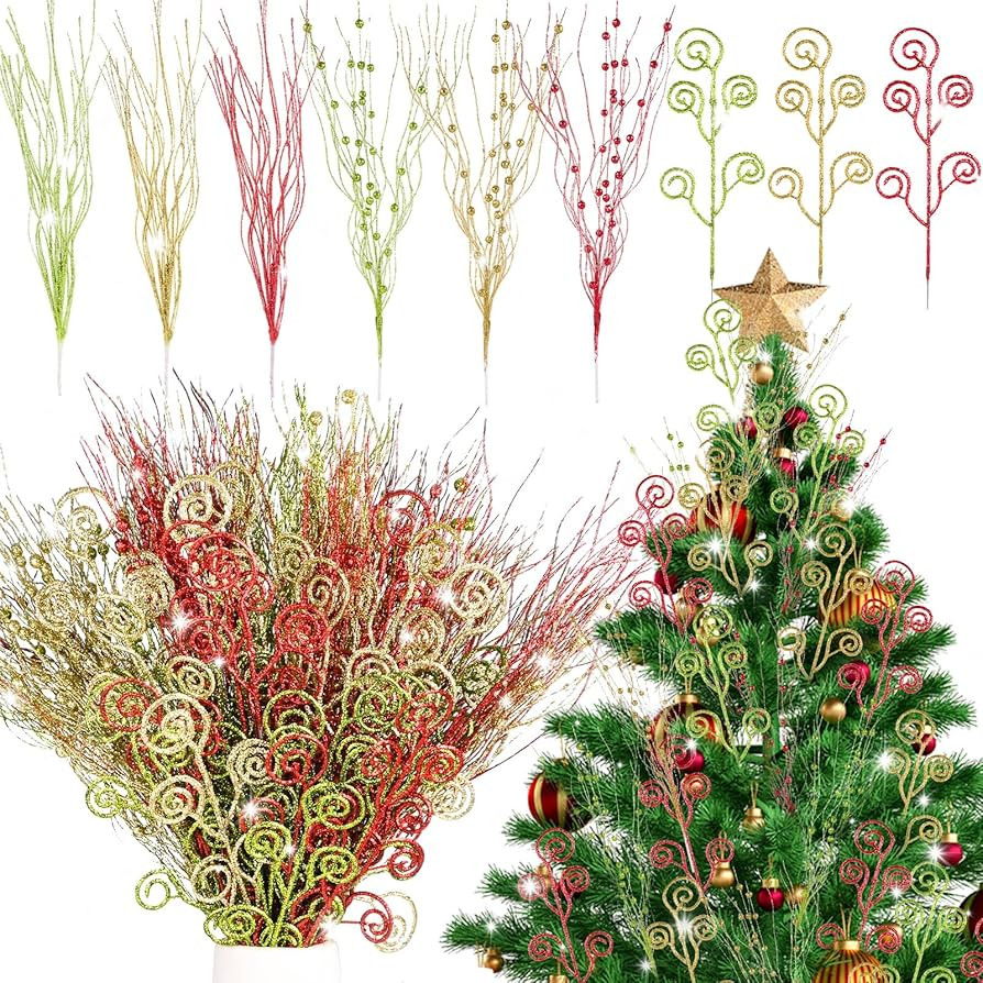 54 Pcs Christmas Tree Picks 17''+12'' Artificial Glitter Berry Stem Christmas Tree Decoration Orn... | Amazon (US)
