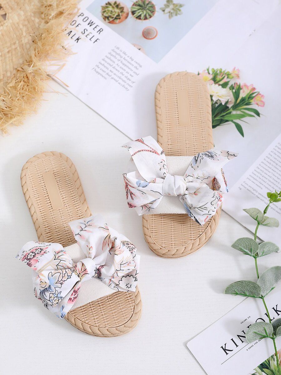 Floral Bow Applique Basketwoven Sandals | SHEIN