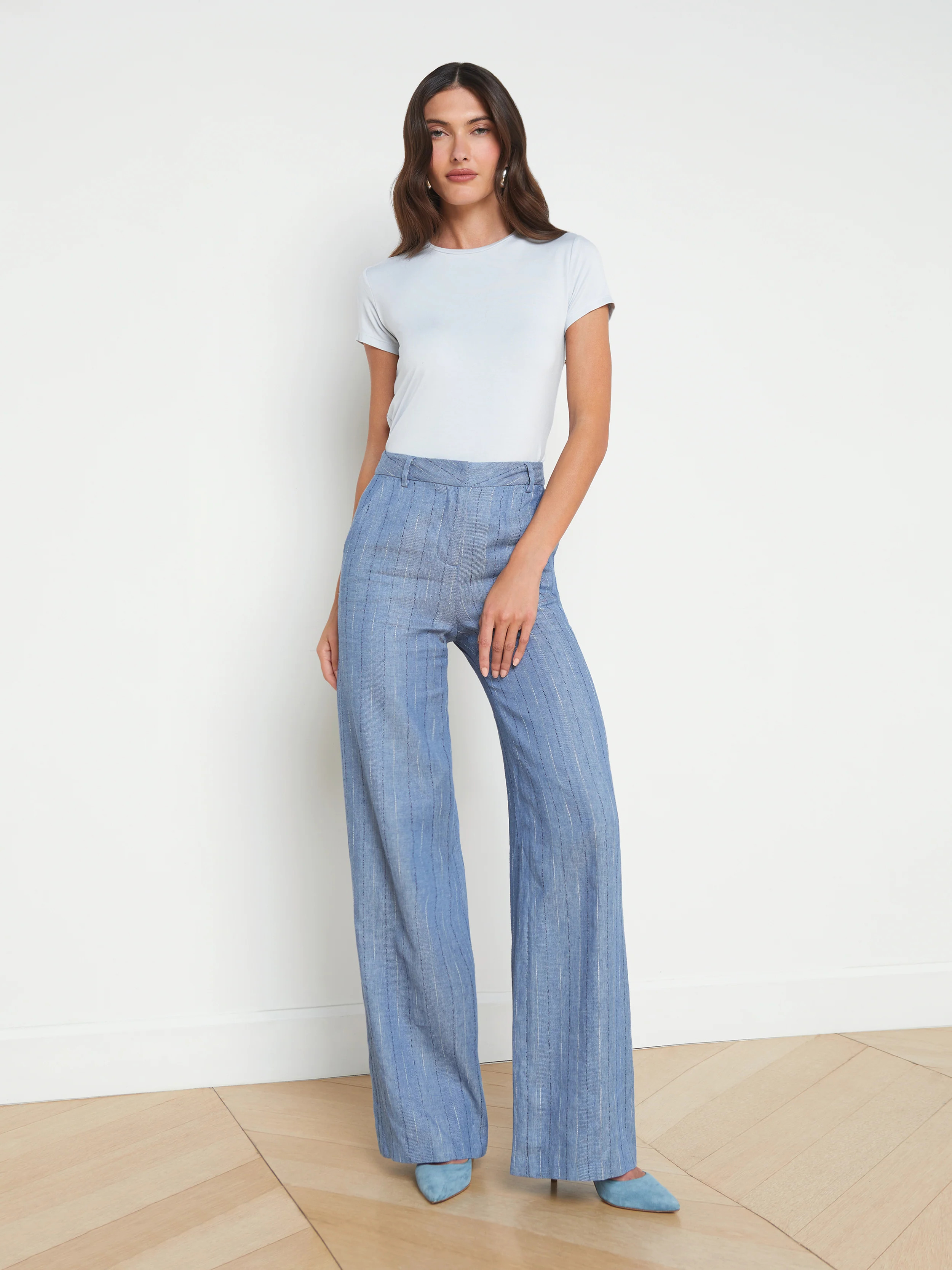 L'AGENCE - Livvy Linen-Blend Straight Leg Trouser in Slate Blue Pinstripe | L'Agence
