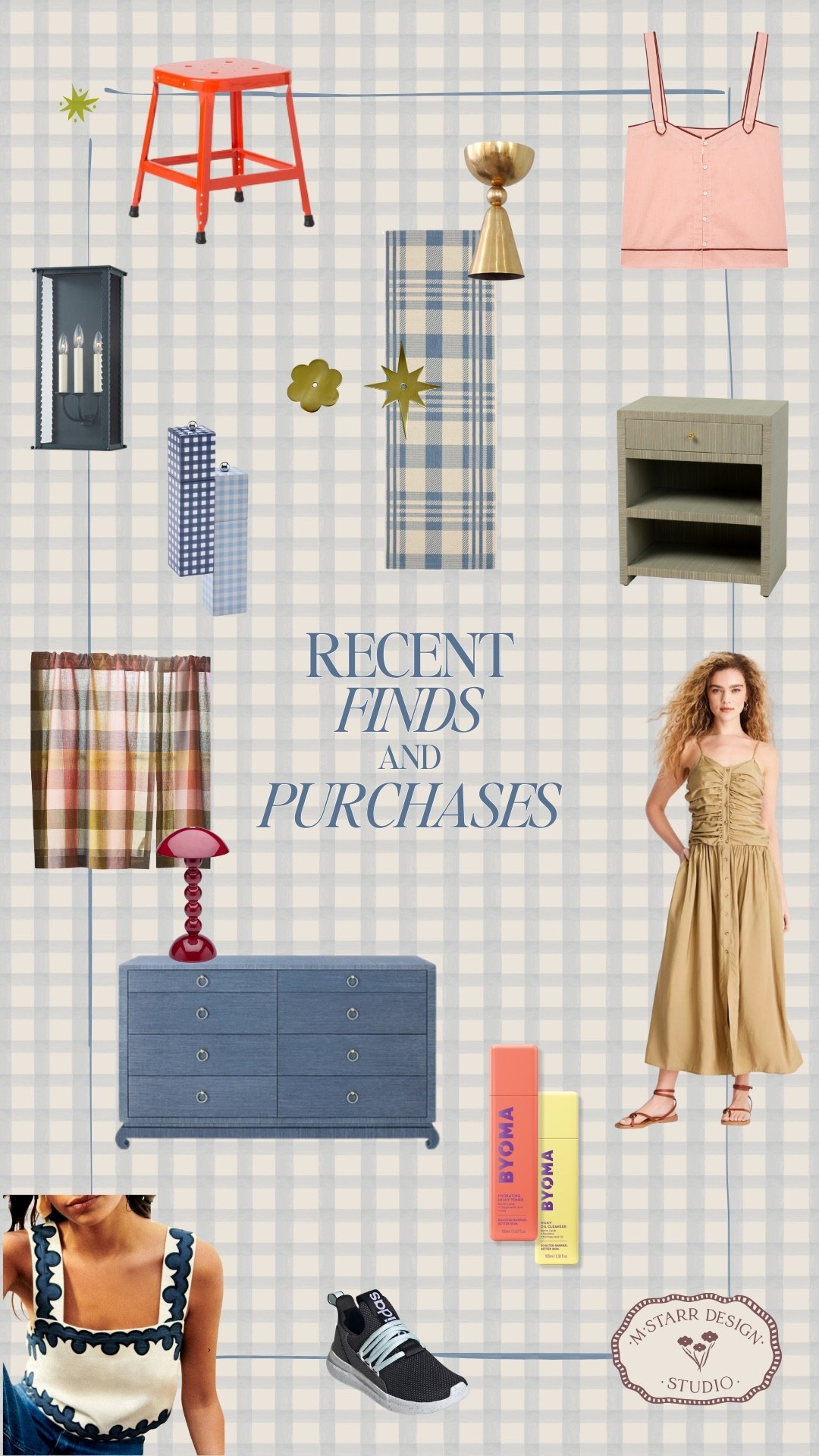 Recent Finds & Purchases—
Schoolhouse colorful metal stool, The Great sleepwear, Troy Lighting at Lightopia outdoor wall sconce, Safavieh at Wayfair indoor/outdoor rug, Etsy handmade brass hardware backplate, Addison Ross gingham salt & pepper mills, TJ Maxx raffia nightstand with drawer, Anthropologie colorful plaid café curtains, Addison Ross lacquered gloss rechargeable lamp, Perigold blue raffia dresser, Target khaki ruched bodice dress, Byoma Hydrating Milky Toner, Byoma Milky Oil Cleanser, Sézane wide strap tank, kids Adidas slip on sneakers, 

British design, English inspired 

Summer, vacation outfits, home decor, outdoor decor, Summer Dress, 

#LTKOver40 #LTKHome #LTKFindsUnder100