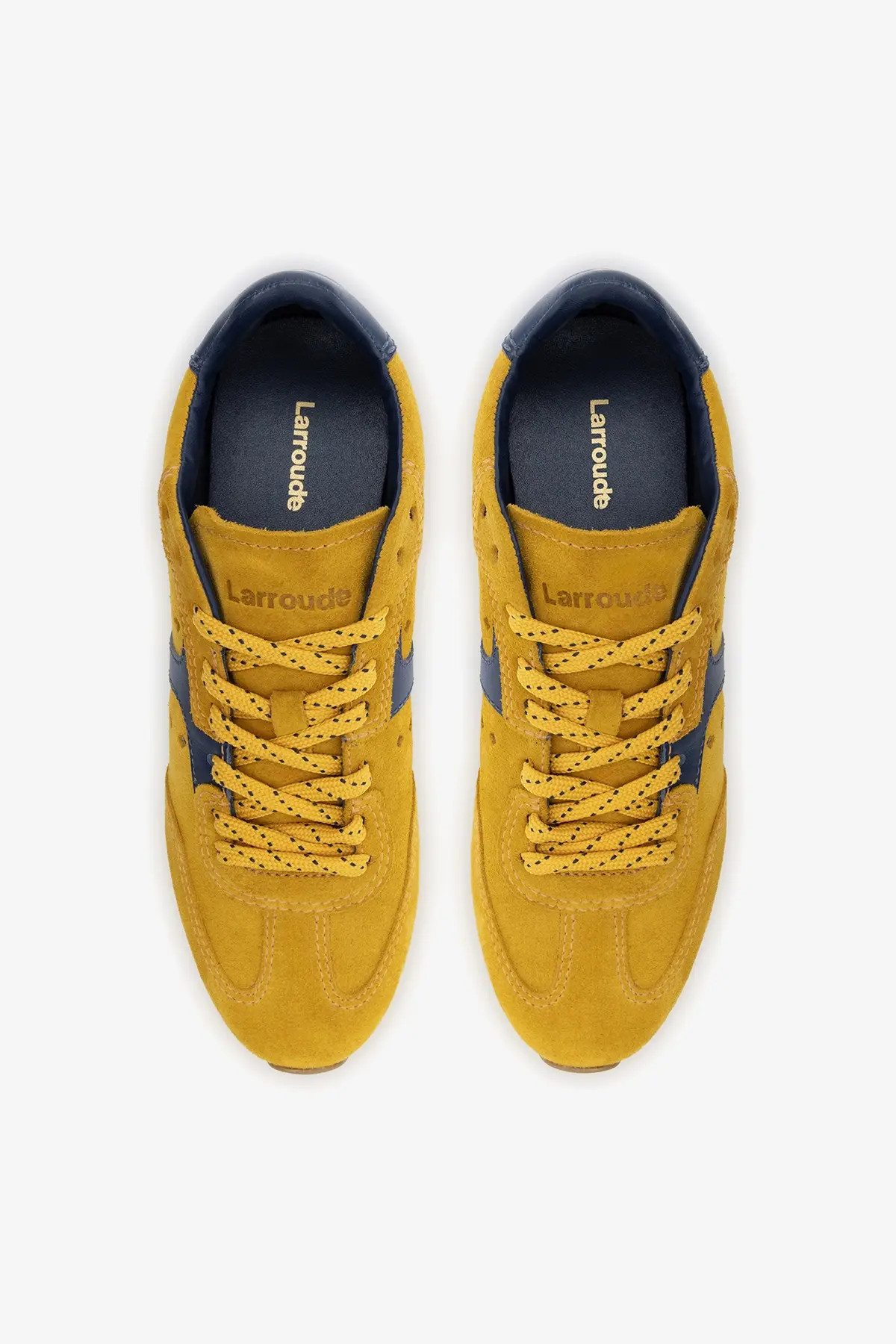 Stella Sneaker In Yellow Suede and Navy Leather | Larroude