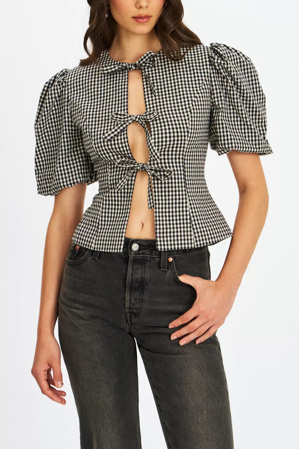 Miss Circle Qusayla Gingham Bubble Sleeve Bowtie Top | Urban Outfitters (US and RoW)