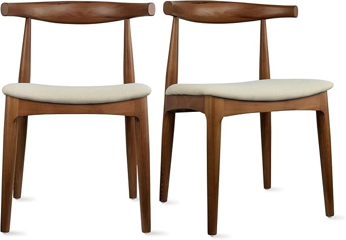 Set of 2 Solid Wooden Dining Chairs | Upholstered Beige Cloth Linen Cushioned Seat | Modern Farmh... | Amazon (US)