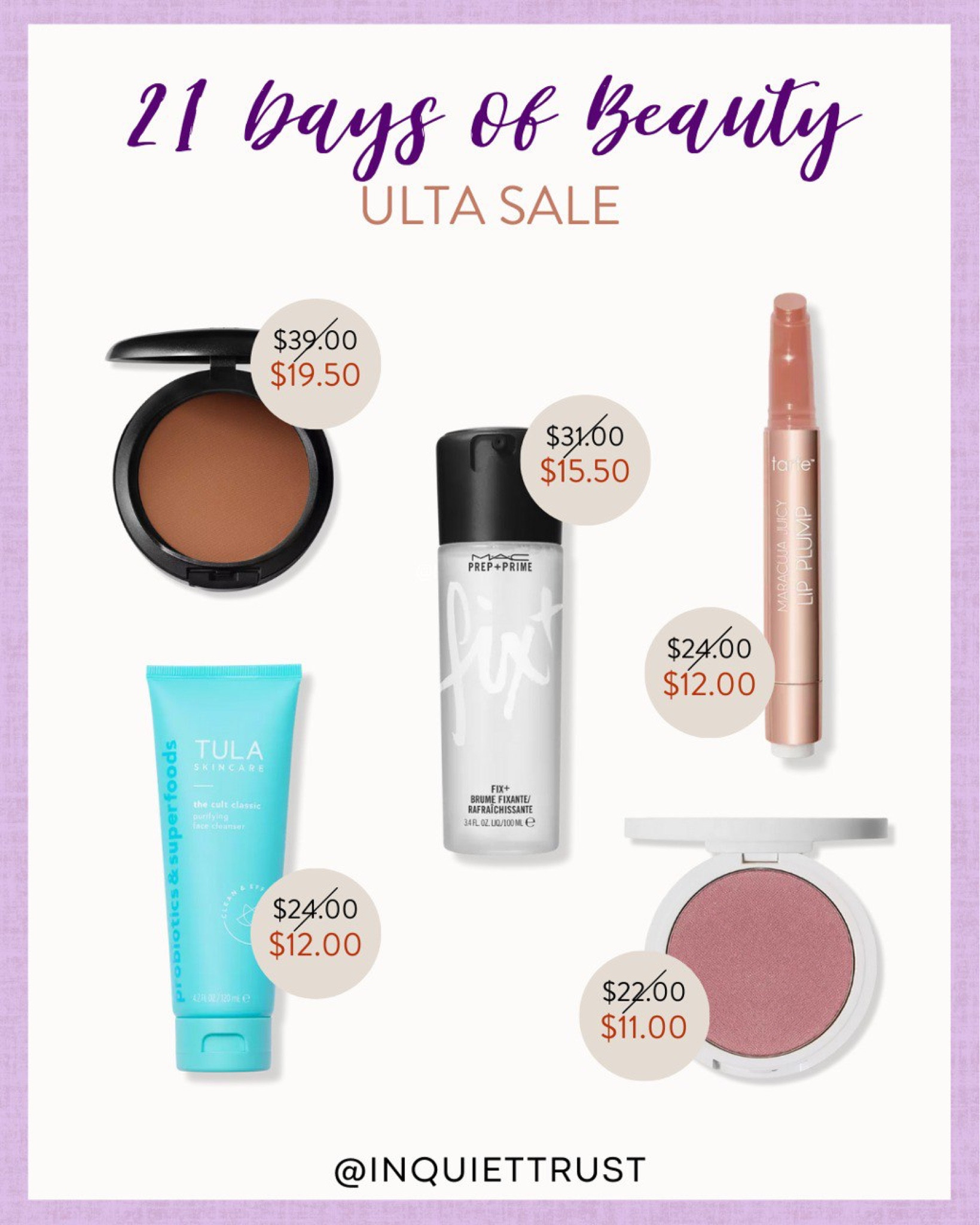 Today's 21 Days of Beauty Sale features products from MAC, Tula, Tarte and Persona!

#makeupmusthaves #onsalenow #beautypicks #makeupessentials

#LTKunder50 #LTKbeauty #LTKsalealert