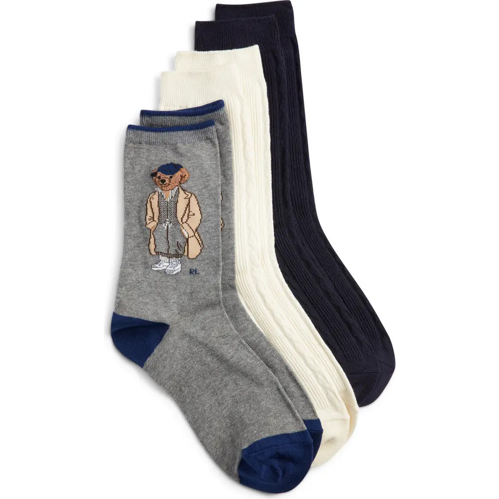 Polo Ralph Lauren Embroidered Fall Bear Assorted 3-Pack Cotton Blend Crew Socks in Navy Assorted at Nordstrom, Size 9 | Nordstrom