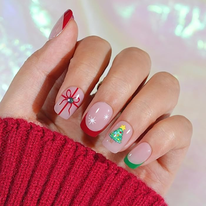 Christmas Press On Nails Short - Jofay Fashion French Tip Press On Nails Square for Gifts, Stick ... | Amazon (US)
