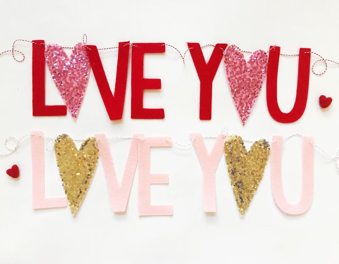 Pre- Order *** LOVE YOU - Felt Letter Banner with Sequin Hearts - Garland, Bunting - Red, Pink, G... | Etsy (US)