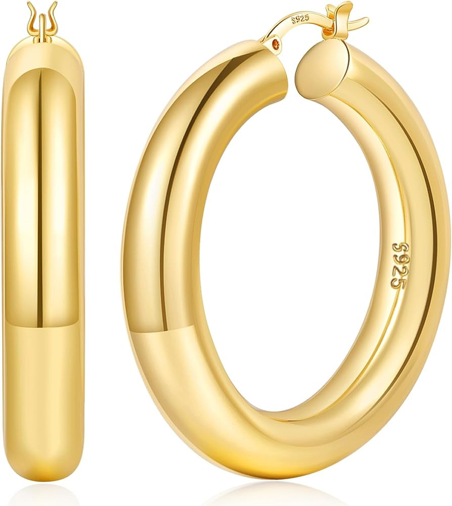 YOUNGYUE 8mm Chunky Hoops Hypoallergenic 925 Sterling Silver Post Gold Hoop Earrings Hollow Tube ... | Amazon (US)