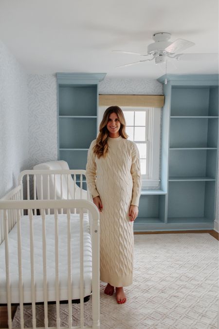 Our most special project yet, coming soon 🤍✨
•
•
•
baby nursery, blue wallpaper, white crib, glider, neutral loloi rug, soft rug, Roman shades, nursery design, nursery decor, sweater dress, winter style, maternity dress, bump friendly dress, pregnancy outfit 

#LTKstyletip #LTKhome #LTKbump