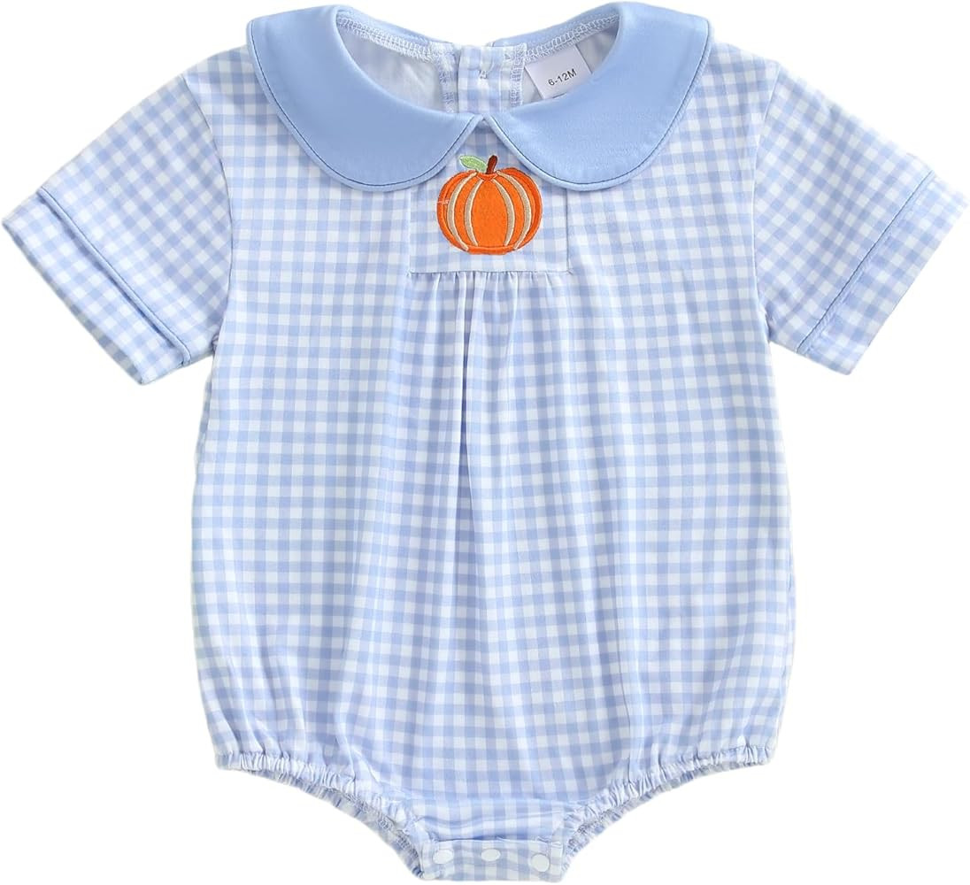 Newborn Baby Boy Girl Halloween Outfit Pumpkin Plaid Bubble Romper Short Sleeve Peter Pan Collar ... | Amazon (US)