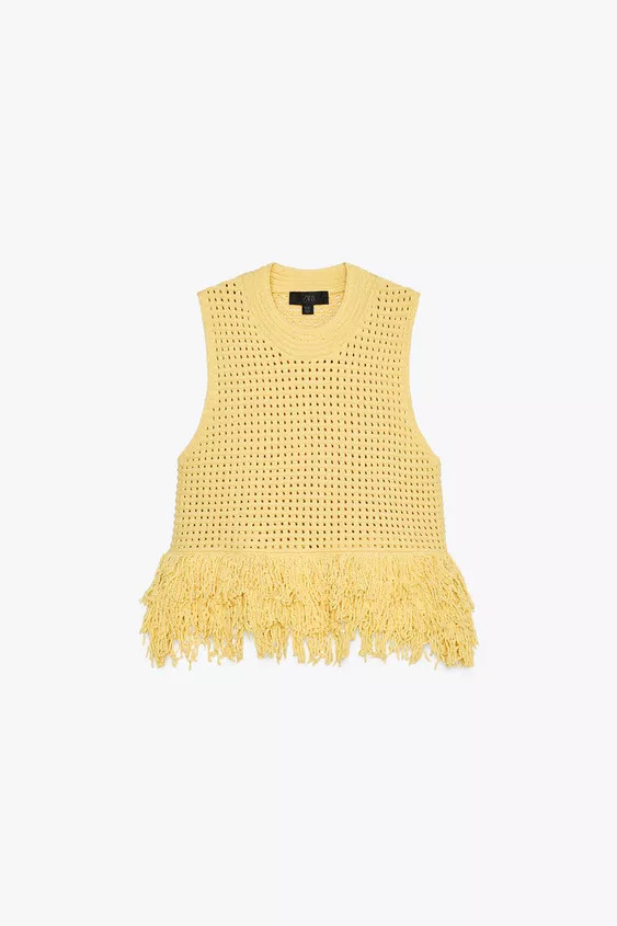 FRINGED CHECKERED KNIT TOP | Zara US