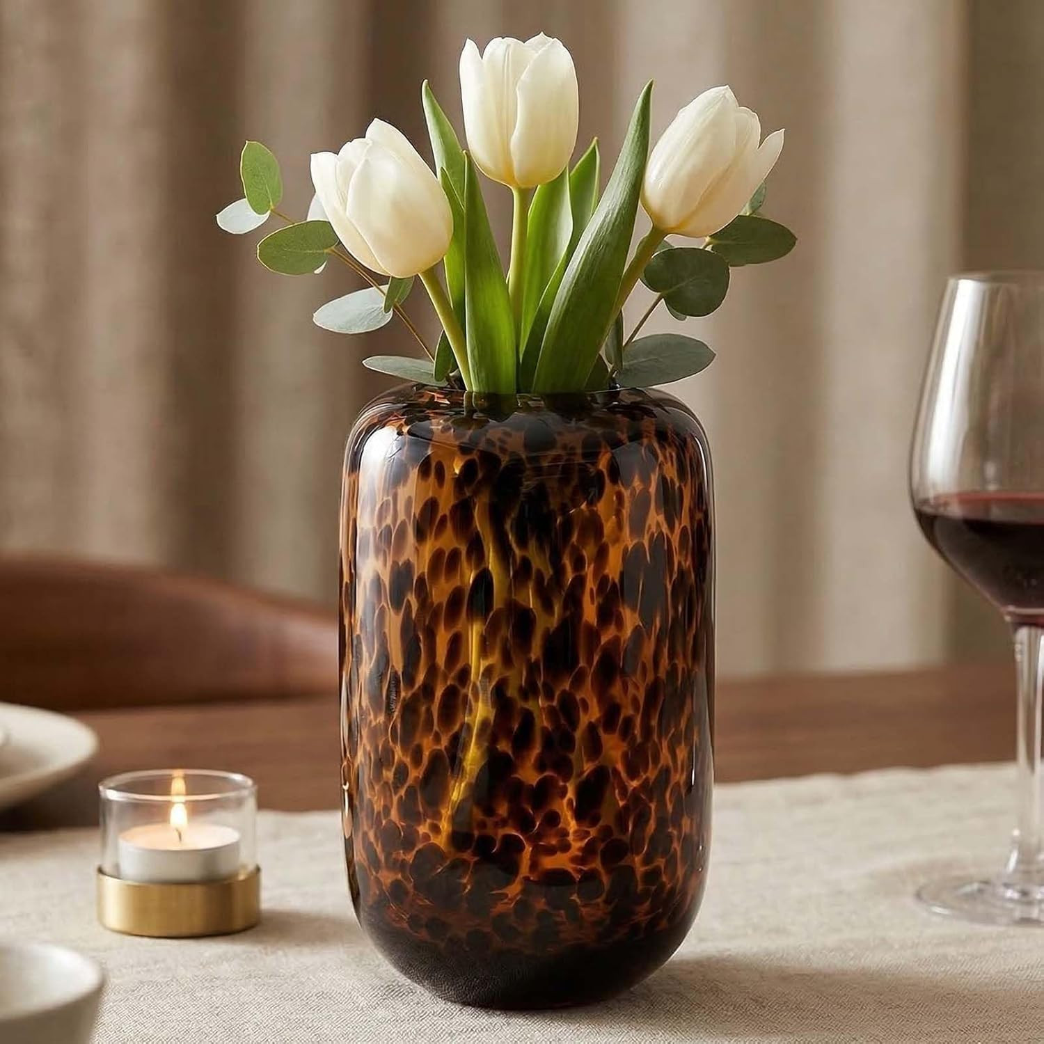 8.2in Amber Vase,Brown Glass,Round Art,Modern Clear Glass Vase,Decorative Bottles for Home Decor,Farmhouse Centerpiece,Wide for Living Room, Kitchen,Office, Dining (S) | Amazon (US)
