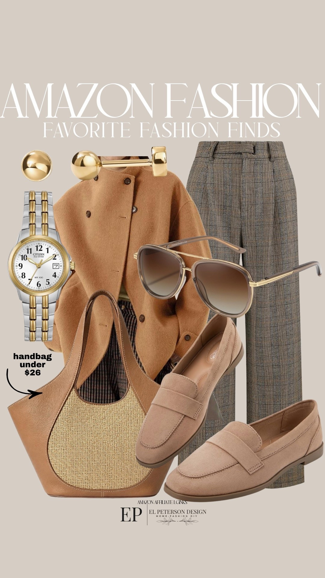 Amazon
Jacket
Slacks
Sunglasses 
Watch
Earrings
Loafers
Purse