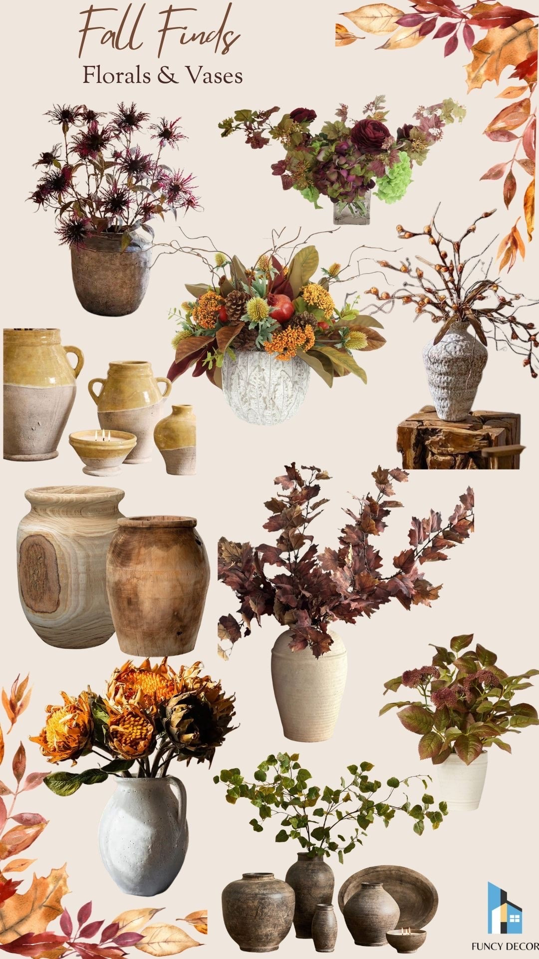 Fall floral arrangements with ceramic and wood vases in trending color tones of plum, chocolate brown, and mustard.

#LTKSeasonal #LTKHome