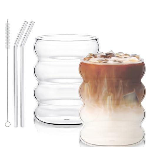 Gläser-Geriffelte Gläser-300 ml Kaffee Gläser set of 2 with Glasstrohhalme-Gerippte Trinkgläser-Wave Glas für Gastronomie, Wasser, Saft, Bier, Universalgläser | Amazon (DE)