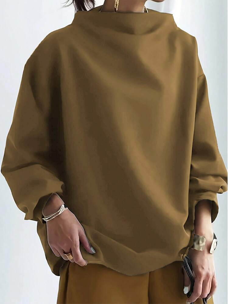 New Solid Color Spring, Summer And Autumn One-Shoulder High Collar Long Sleeve Top | SHEIN