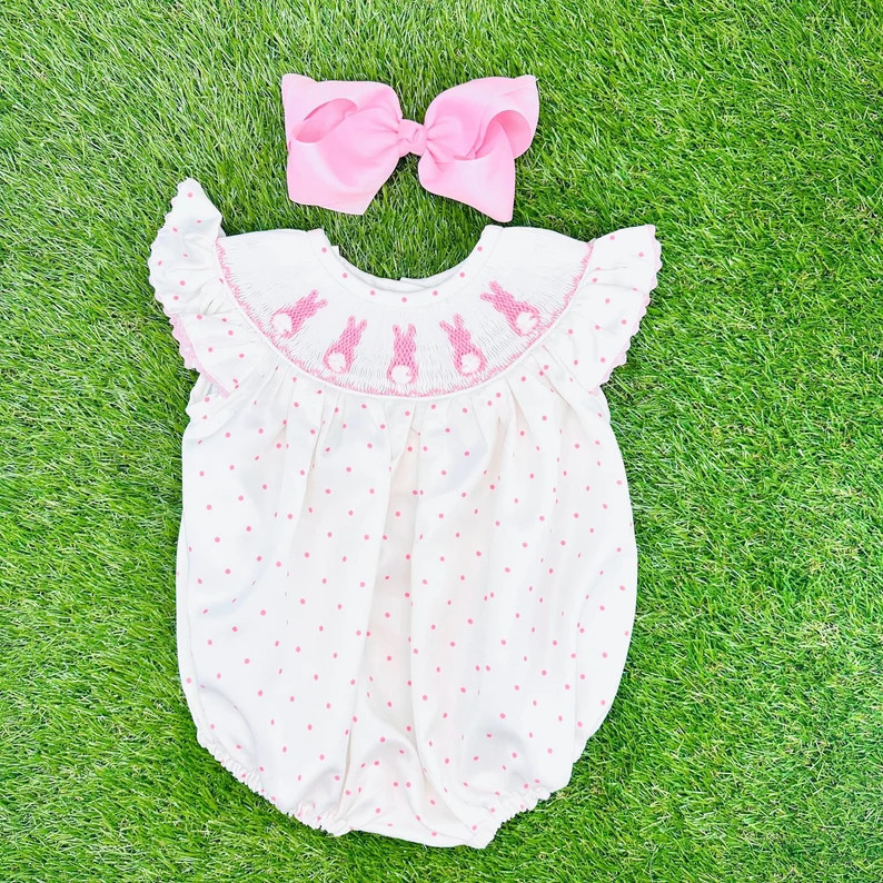 Easter Bunny Smocked Bubble Romper on Pink Polka Dot, Sibling Set, Cottontail Rabbit, Baby Girl, ... | Etsy (US)