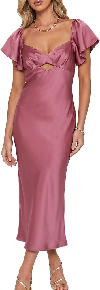 Summer Satin Flutter Sleeve Wedding Guest Dresses for Women Sweetheart Neckline Cutout Tie Back M... | Amazon (US)