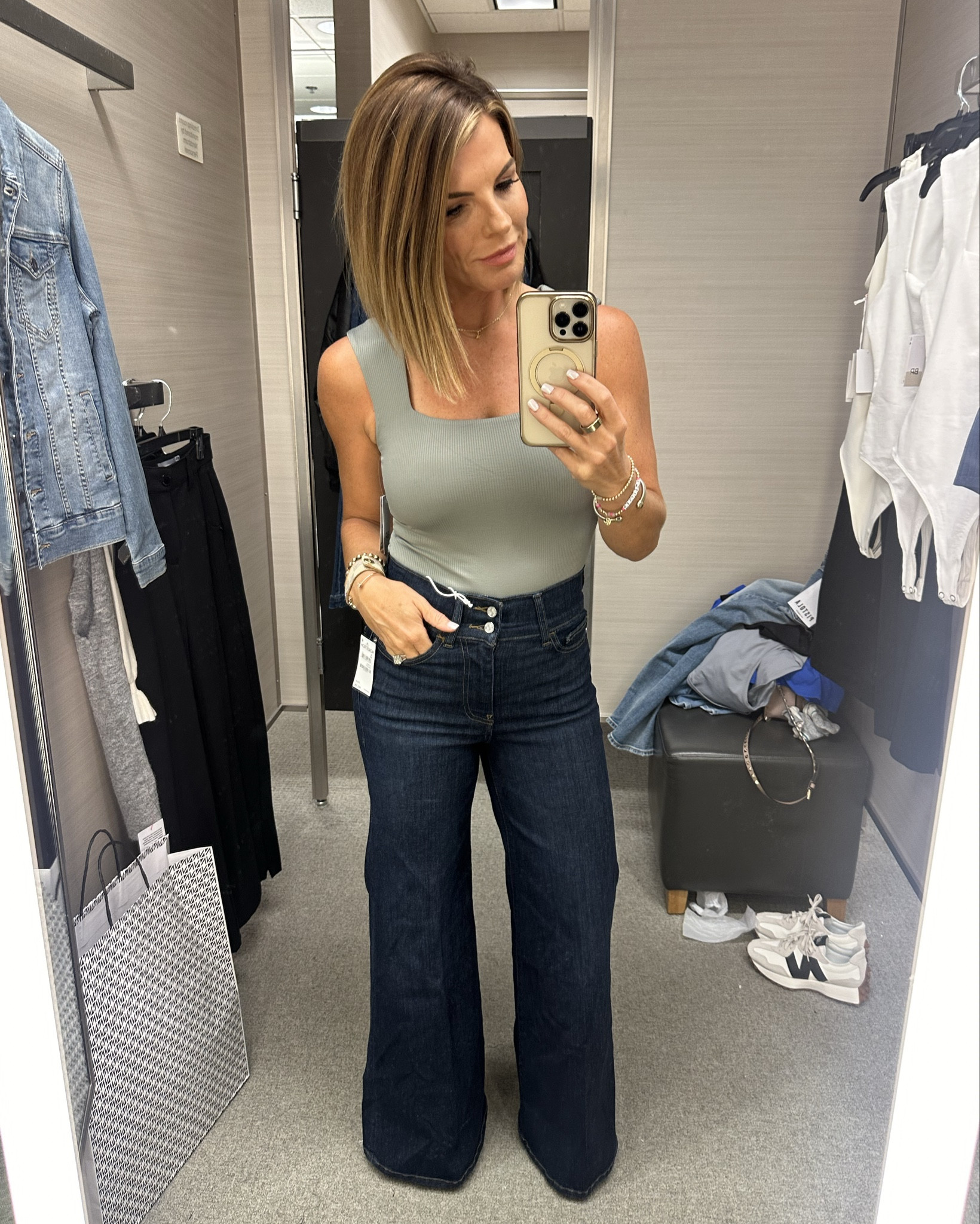 More favorites from the NSale! Another great bodysuit and LOVE these Frame jeans! Wearing size small in green bodysuit and medium in white. Bought the medium out of preference of fit around my waist. Wearing size 24 in Frame jeans, but could do a 25 also. Favorite black pants shown here also!

#LTKxNSale #LTKSaleAlert #LTKOver40