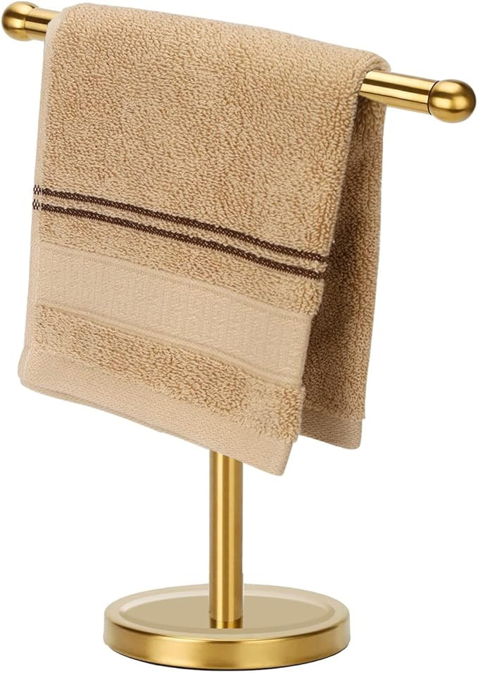 Gold Hand Towel Holder Stand with Heavy Stainless Steel Base, T-Shape Towel Rack, Free-Standing T... | Amazon (US)