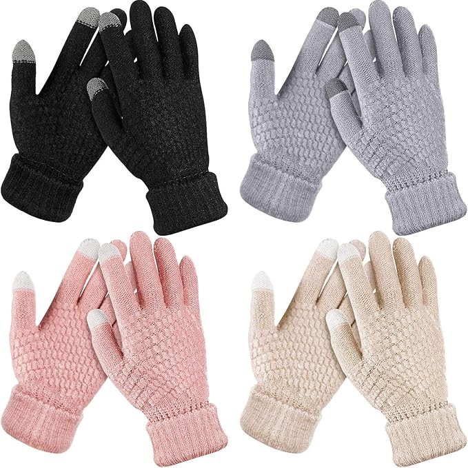 4 Pairs Women's Winter Touch Screen Gloves Warm Fleece Lined Knit Gloves Elastic Cuff Winter Text... | Amazon (US)