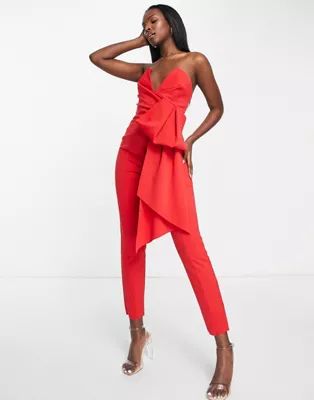 ASOS DESIGN scuba plunge bandeau jumpsuit with bow detail in red | ASOS (Global)