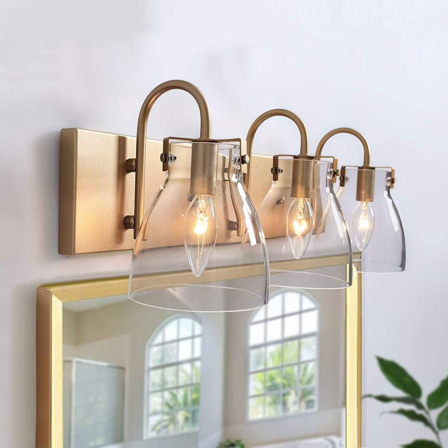 KSANA 3-Light Modern Vanity Light Fixture, Brass Bathroom Lighting with Clear Glass Shades, 22”... | Amazon (US)