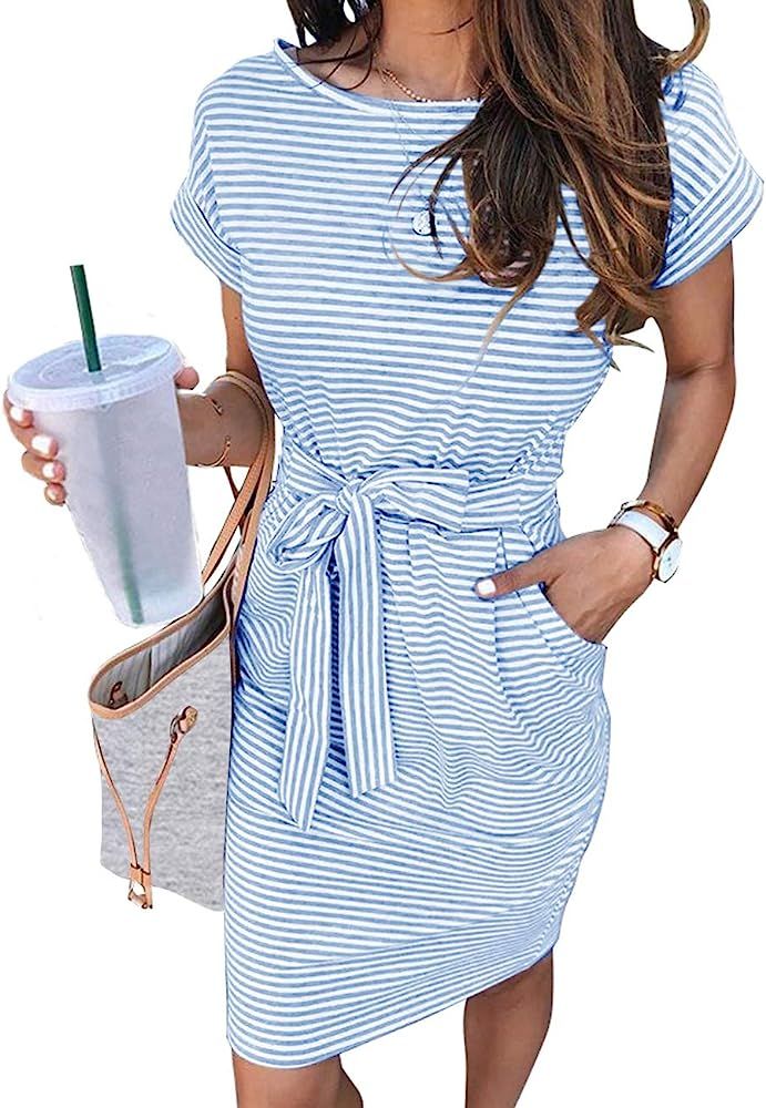 MEROKEETY Women's Summer Striped Short Sleeve T Shirt Dress Casual Tie Waist Midi Dress | Amazon (US)