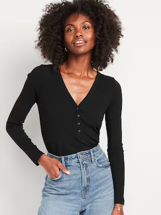 Fitted Long-Sleeve Rib-Knit Henley Top for Women | Old Navy (US)