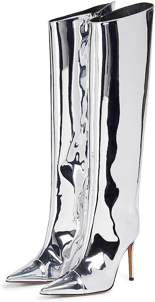 Arqa Women's Knee High Boots Sexy Pointed Toe Stiletto Heel Boot Metallic Leather Zipper Booties ... | Amazon (US)