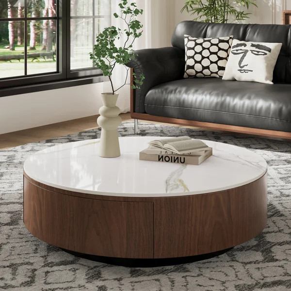35'' Round Coffee Table for Living Room, Marble Coffee Table with Drawer, No Assembly | Wayfair North America