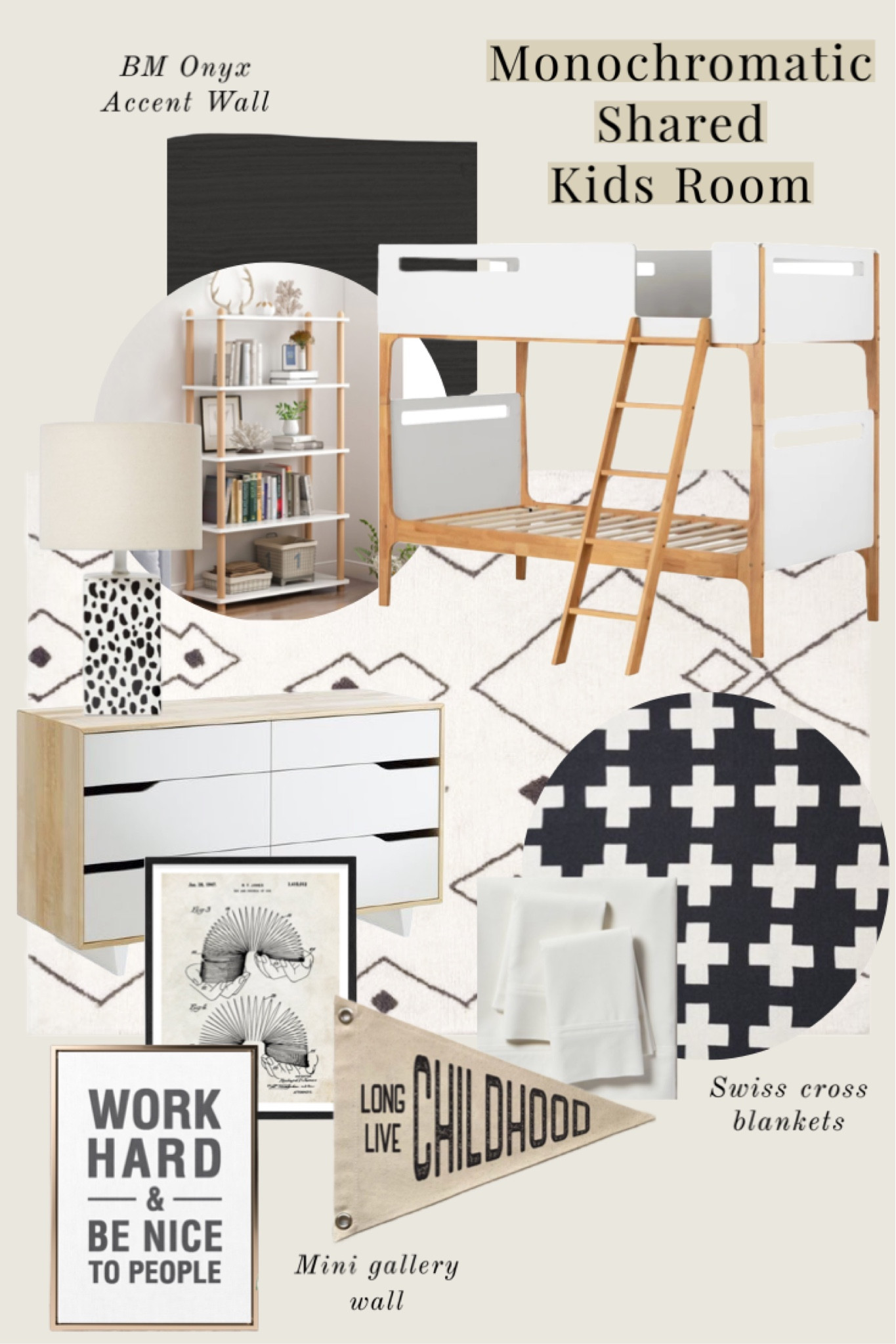 Monochromatic shared kids room design! This is what I have planned for my kids room refresh.
- boy girl shared room - Scandinavian kids room - kids room decor - tween room - black and white kids room - neutral kids room - Swiss cross blanket - minimalist bunk bed - affordable Moroccan rug - printable wall art - kids room pennant banner - white bookshelf - Benjamin Moore Onyx accent wall - organic cotton twin sheet set - Target - Etsy - One Kings Lane - Rugs USA - Amazon Home - Overstock - affordable kids room decor - Pillowfort table lamp 

#LTKkids #LTKsalealert #LTKhome