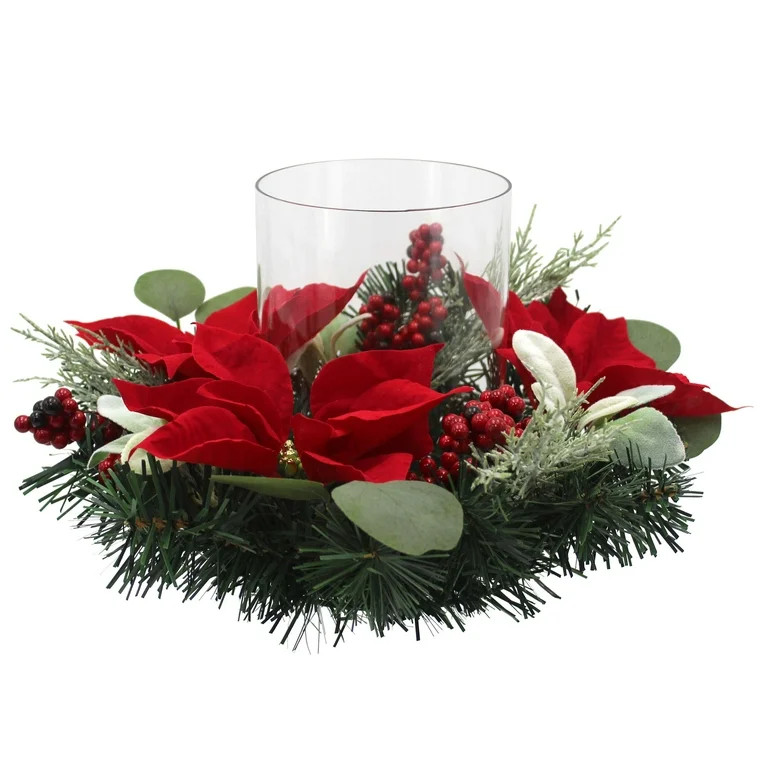 Mainstays 8" Decorative Tabletop Artificial Christmas Glass Hurricane Candleholder with Artificia... | Walmart (US)