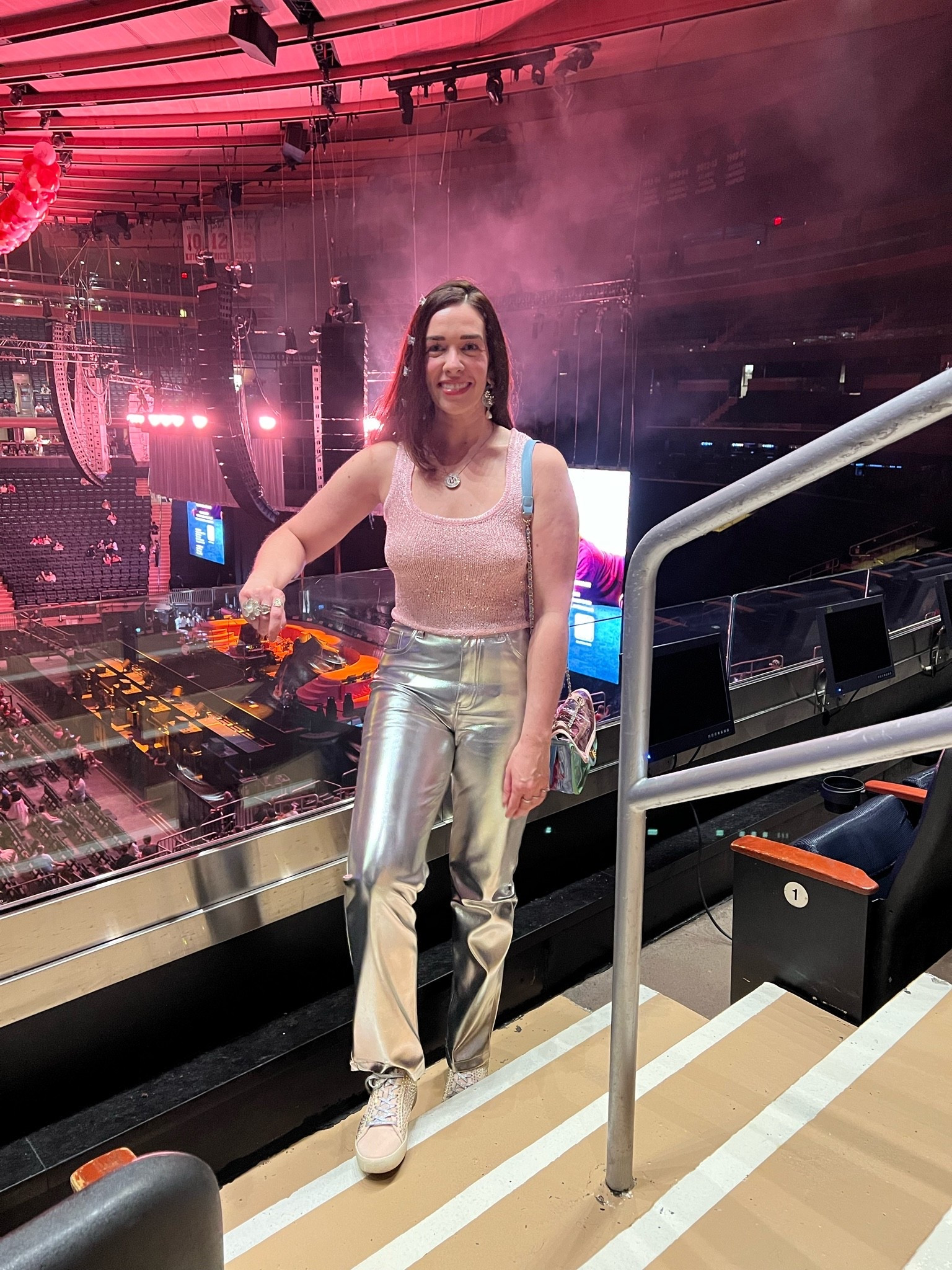 Pink sequin knit tank (s). Metallic silver pants (27). Suede pink studded sneakers (8.5). #knittank #pinktank #sequintank #pinktop #silverpants #pants #metallicpants #sneakers #pinksneakers #suedesneakers #studdedsneakers #summeroutfits #concertoutfit 
summer outfits over 40 
concert outfit ideas @abercrombie @VICI

#LTKootd #LTKSeasonal