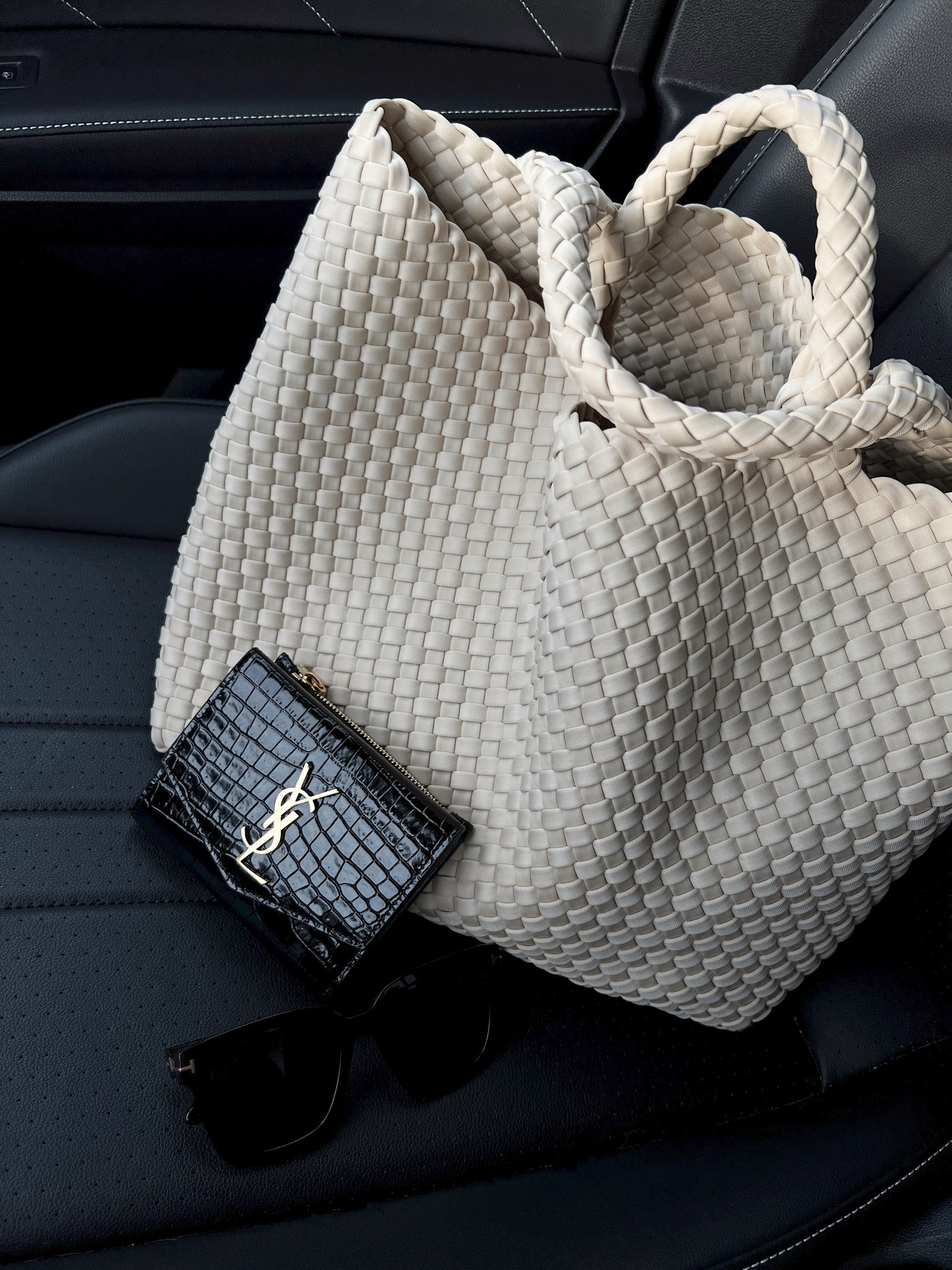 NAGHEDI Ecru Tote | Tom Ford Sunglasses | YSL Saint Laurent Croc Embossed Leather Wallet 

#LTKStyleTip #LTKItBag #LTKTravel