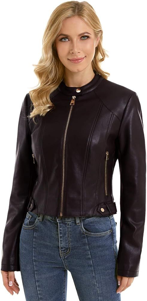DIASHINY Faux Leather Jacket For Women, Zip Up Moto Biker Coat, Short PU Motorcycle Outwear | Amazon (US)