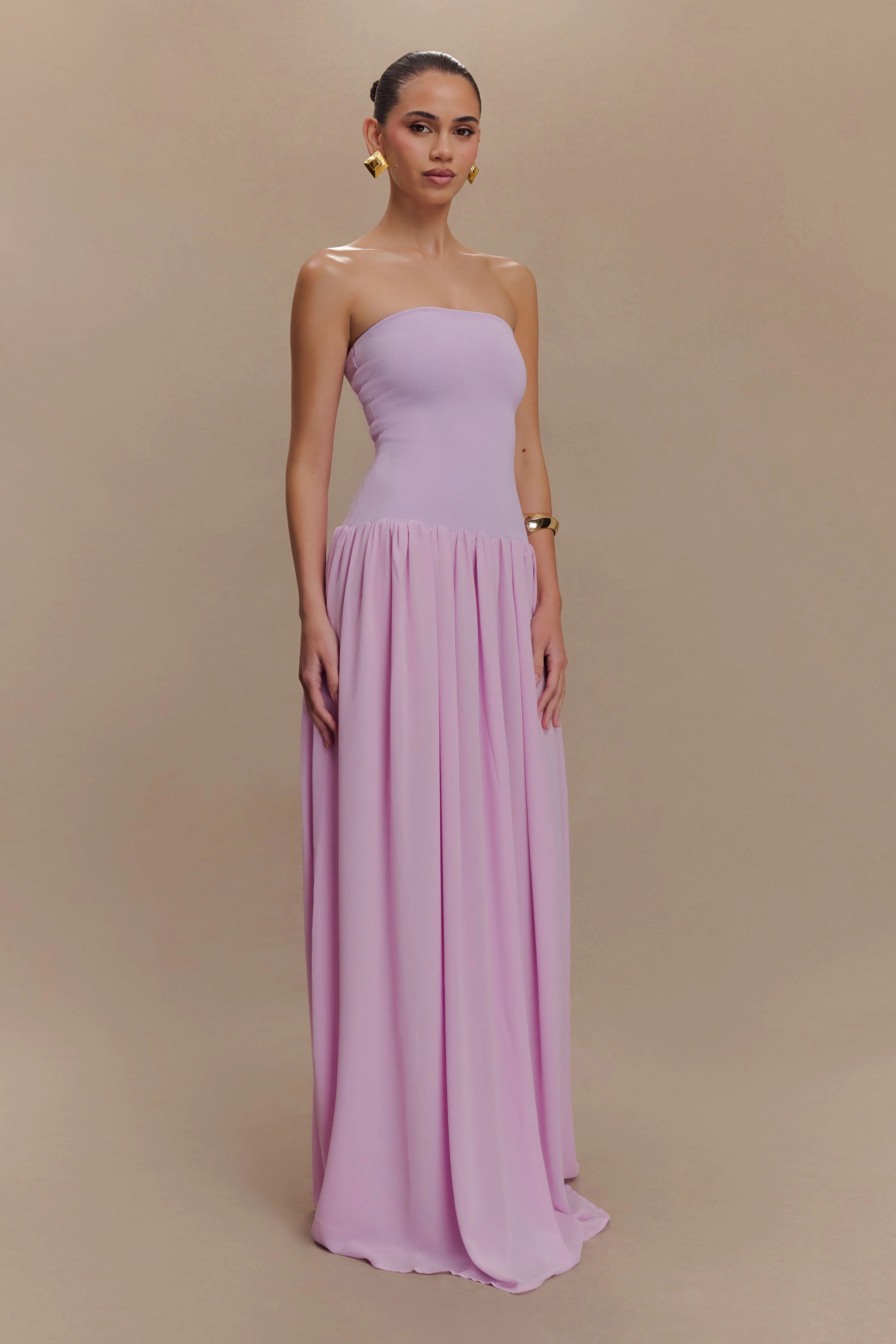 Lyanna Knit And Chiffon Strapless Maxi Dress - Lilac | MESHKI US