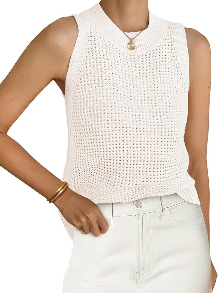 PRETTYGARDEN Summer Crochet Tank Tops for Women 2025 Casual Crewneck Hollow Out Loose Knit Sleeve... | Amazon (US)