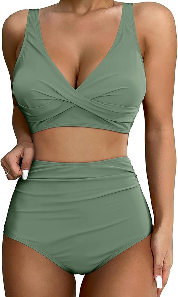 GRAPENT High Waisted Bikini Sets for Women Twist Front Tie Back 2 Piece Bathing Suit V Neck Ruche... | Amazon (US)